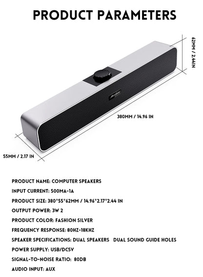Computer Speakers with 3.5 Mm Aux, Small PC Speakers Powered by USB, Wired USB Desktop Speaker, USB Soundbar for Monitor