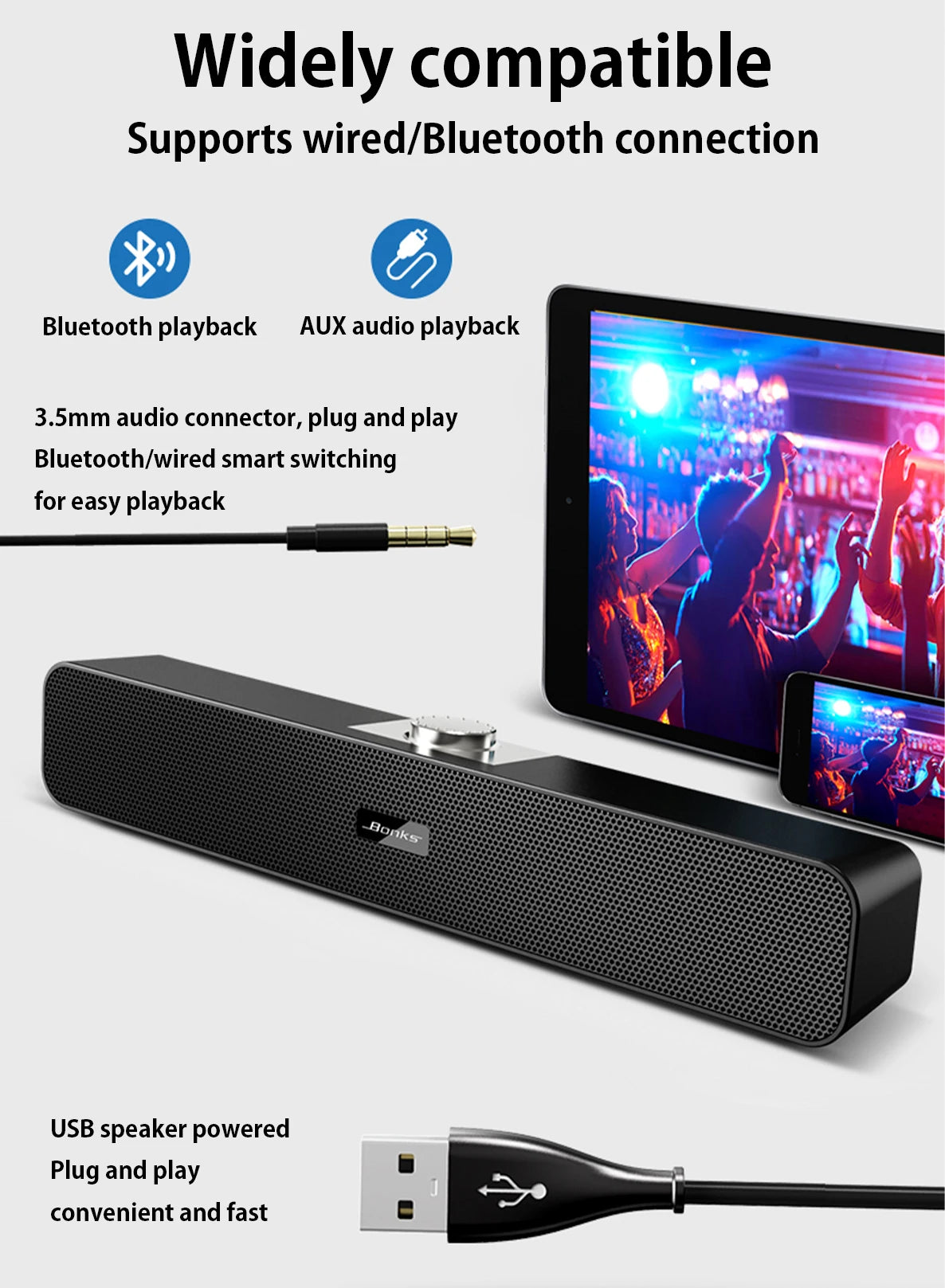 Computer Speakers with 3.5 Mm Aux, Small PC Speakers Powered by USB, Wired USB Desktop Speaker, USB Soundbar for Monitor